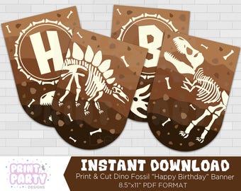 Könnte beinhalten: Druckbare Dinosaurier-Fossil-Girlande für eine Geburtstagsparty. Die Girlande zeigt braune und weiße Dinosaurierskelette auf braunem Hintergrund mit dem Text "Happy Birthday".