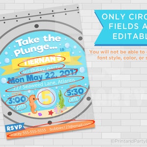 May include: A blue and yellow birthday party invitation with a cartoon seahorse and the text "Take the Plunge... to Tiernan's birthday party! Mon May 22, 2017 777 Seaweed Lane, Atlantis starts 3:00 pm ends 5:30 pm RSVP Tracey 555-555-5555 bubbles123@email.com"