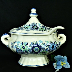 Vintage Blue and White Flower Soup Tureen with Ladle