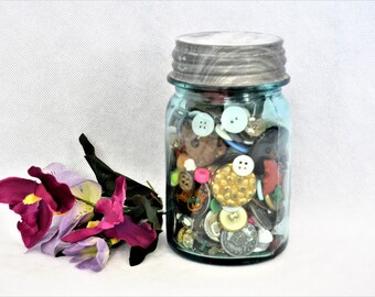 Blue Ball Pint Jar Filled with Vintage Buttons