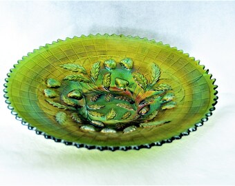 Green Carnival Glass Plate, Strawberry Pattern from Northwood