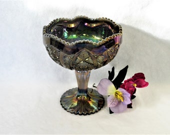 Smoky Carnival Glass Hobstar and Arches Compote Candy Dish