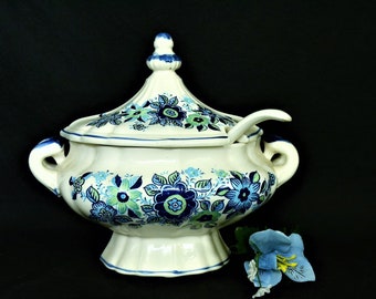 Vintage Blue and White Flower Soup Tureen with Ladle