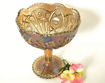 Tawny Carnival Glass Hobstar and Arches Compote from Imperial Glass