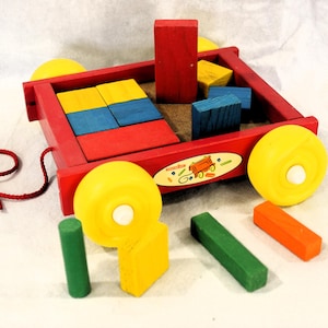 Tootsie Toy Wood Red Wagon with Wood Blocks