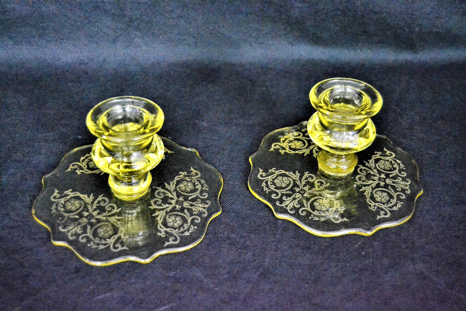 Yellow Depression Glass Candlestick Holders from Lancaster Etsy