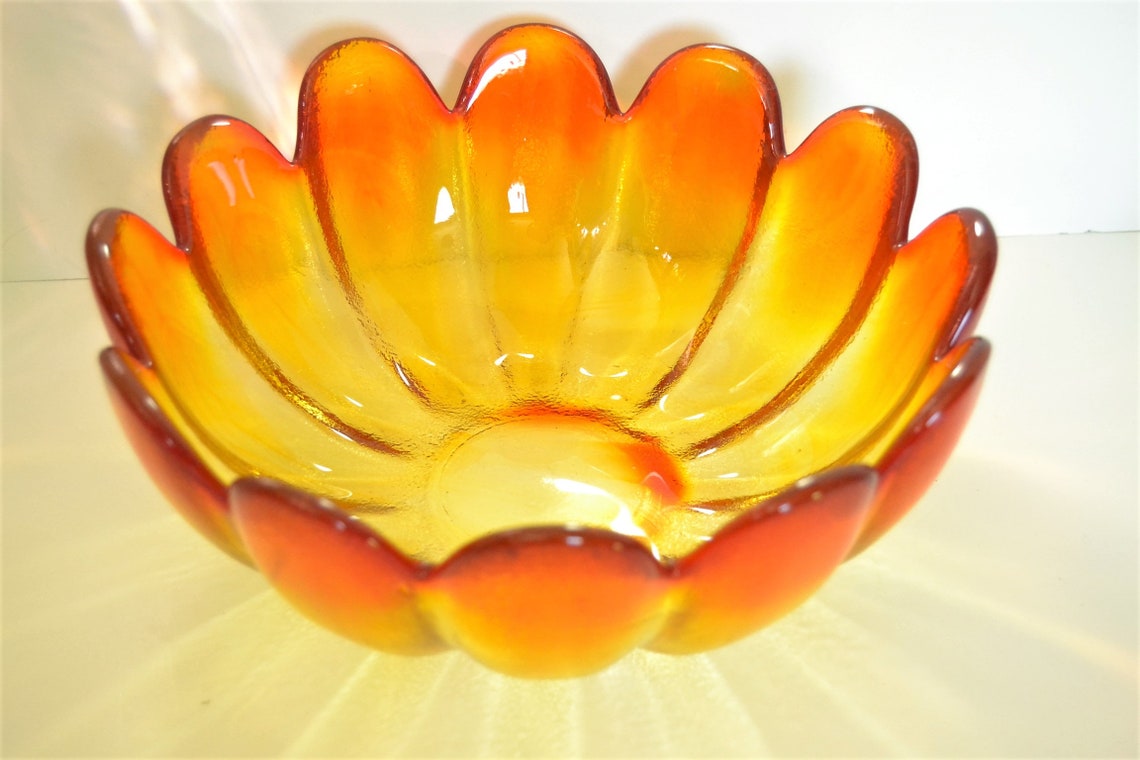 Vintage Blenko Orange and Yellow Lotus Bowl From Indiana Glass Etsy