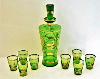 Green Bohemian Glass Decanter with Shot Glasses
