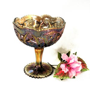 Tawny Carnival Glass Hobstar and Arches Compote from Imperial Glass