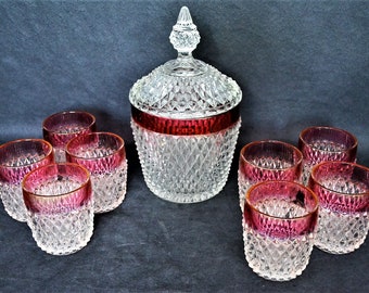 Diamond Point Ruby Flash Ice Bucket and Whiskey Glasses from Indiana Glass