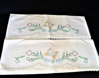 Hand Embroidered Butterflies Pillow Cases
