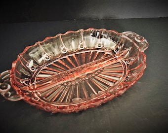 Pink Depression Divided Dish Oysters and Pearl from Hocking Glass
