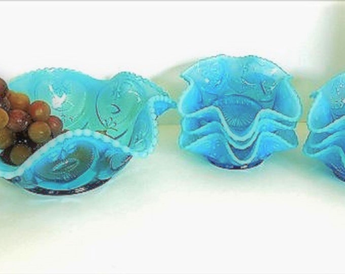 Featured listing image: Blue Jeweled Heart Fruit Bowl Set from Dugan Glass