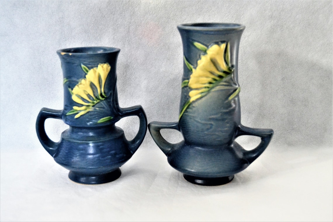 Roseville Pottery Freesia Blue Vases Etsy
