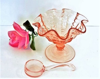 Pink Depression Glass Compote Dish with Glass Spoon - Dugan Glass