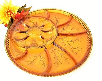 Amber Relish / Deviled Egg Plate from Indiana Glass - Pebble Leaf Pattern