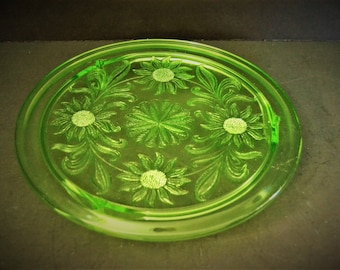 Sunflower Vaseline Glass Cake Plate - Jeannette Depression Glass