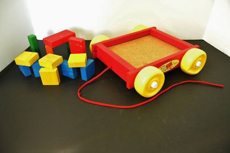 Vintage Tootsie Toy Wood Red Wagon with Wood Blocks