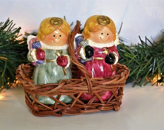 Christmas Angels Salt and Pepper Shakers in a Basket