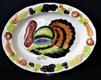 Vintage Hand Painted Embossed Turkey Platter
