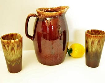 Vintage Brown Drip Pitcher From Hull with Tumblers