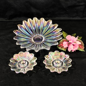 Vintage Iridescent Celestial Bowl with Candle Holders from Federal Glass