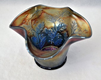 Antique Fenton Blue Carnival Glass Vase - Holly Pattern - Violet Vase