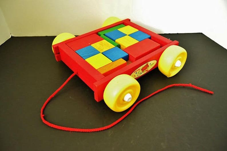 Vintage Tootsie Toy Wood Red Wagon with Wood Blocks