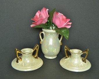 Vintage Opalescent Vase and Candle Holders
