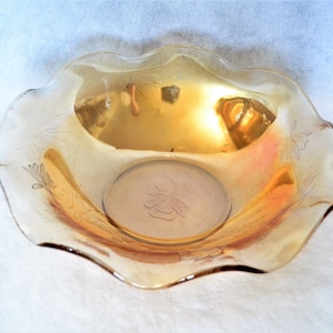 Amber Carnival Glass Etched Serving Bowl