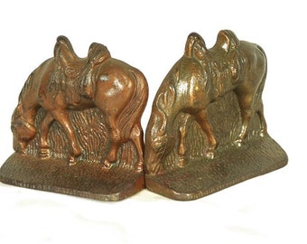 Vintage Cast Iron Bookends - Grazing Horse