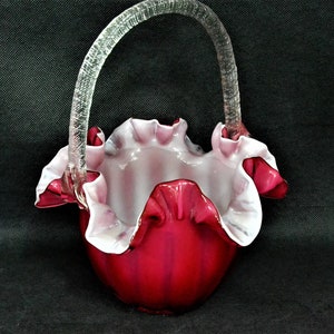 Cranberry Ruffled, Hand Blown, Melon Shaped, Glass Basket