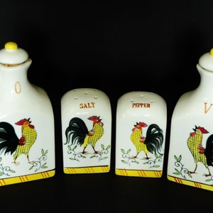 Rooster Vinegar, Oil Cruets with Salt & Pepper Shakers