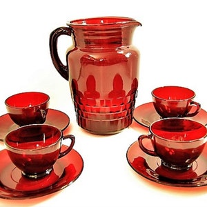 Ruby Red Pitcher with Cups & Saucers from Anchor Hocking