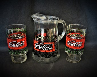 Tiffany Style Stained Glass Coca-Cola Pitcher & Tumblers