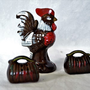 Redware Rooster Salt and Pepper Shaker Trio from Japan