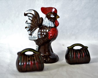 Redware Rooster Salt and Pepper Shaker Trio from Japan