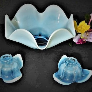 Blue Opalescent Bowl & Candle Holders - Duncan Miller Depression Glass