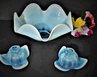 Blue Opalescent Bowl & Candle Holders - Duncan Miller Depression Glass