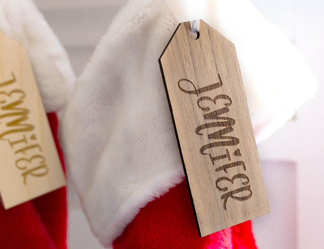 Engraved Wood Name Tags for Christmas Stockings, Personalized Family
