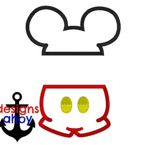 May include: Black and white outline of Mickey Mouse ears. Below is a red outline of Mickey Mouse's face with two yellow circles for eyes.