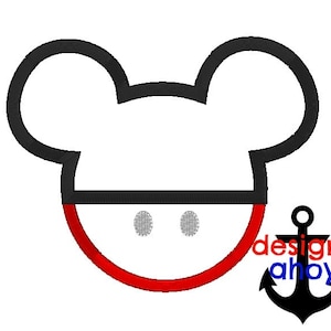 May include: Black and red Mickey Mouse head silhouette with two white circles for eyes. The image includes the text "designs ahoy" and a black anchor.