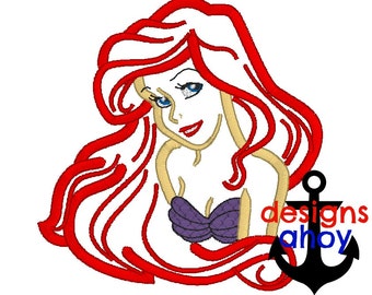 little mermaid like ariel applique 4x4 5x7 6x10 design for embroidery, personalization, birthday outfit.
