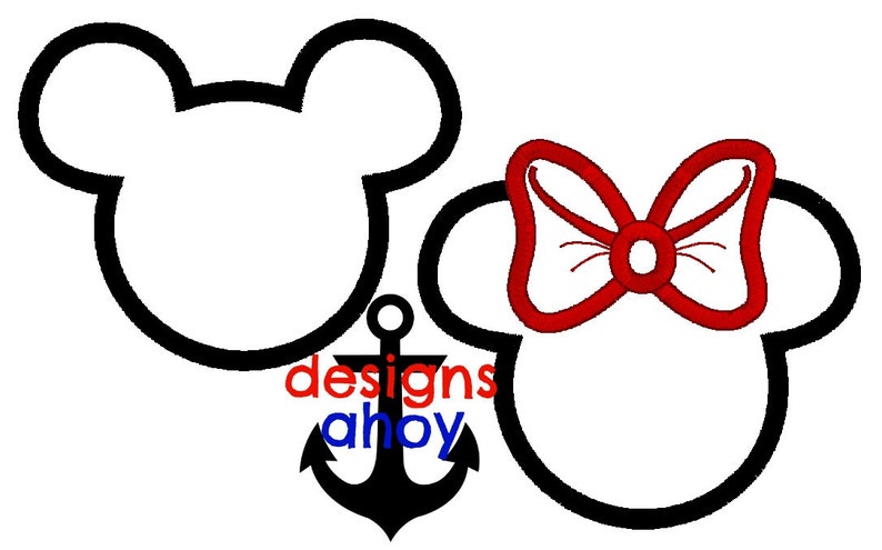 May include: Two black and white outline Mickey Mouse heads, one with a red bow. The text "designs ahoy" is below the heads with a black anchor.