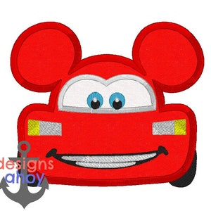 May include: Red cartoon car with Mickey Mouse ears, blue eyes, and a big smile. The car has yellow headlights and a white grill.