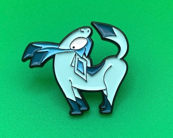 May include: A blue and white enamel pin of a cartoon dog with a curled tail. The dog is standing on all fours and has a blue and white patterned design on its back.