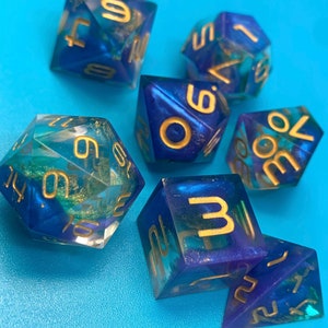 Aetherial Sea Sharp Edge Dice Set (7) For Role Playing Games, Dungeons and Dragons, RPG, TTRPG, DnD Dice Set, Handmade Dice, blue dice, D&D