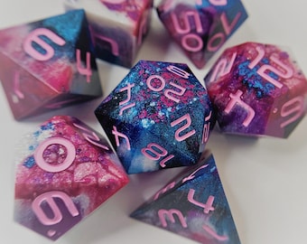 Galactic Genderfluid Pride Resin Sharp Edge Dice Set (7) For Role Playing Games, Dungeons and Dragons, RPG, TTRPG, DnD Dice Set, Handmade