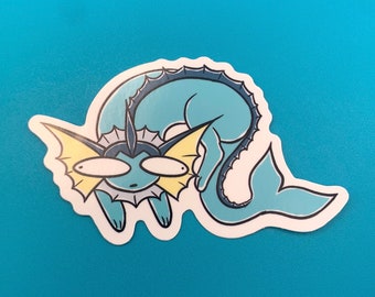 May include: A blue and yellow cartoon sticker of a water-type Pokemon with large eyes and a surprised expression.