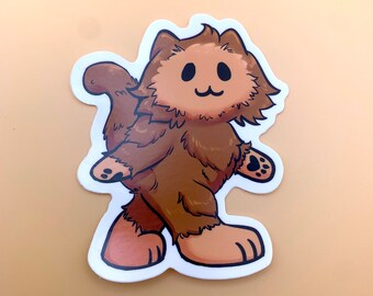 May include: A brown furry cartoon cat sticker with a white outline. The cat is walking with its paws raised and has a happy expression on its face.